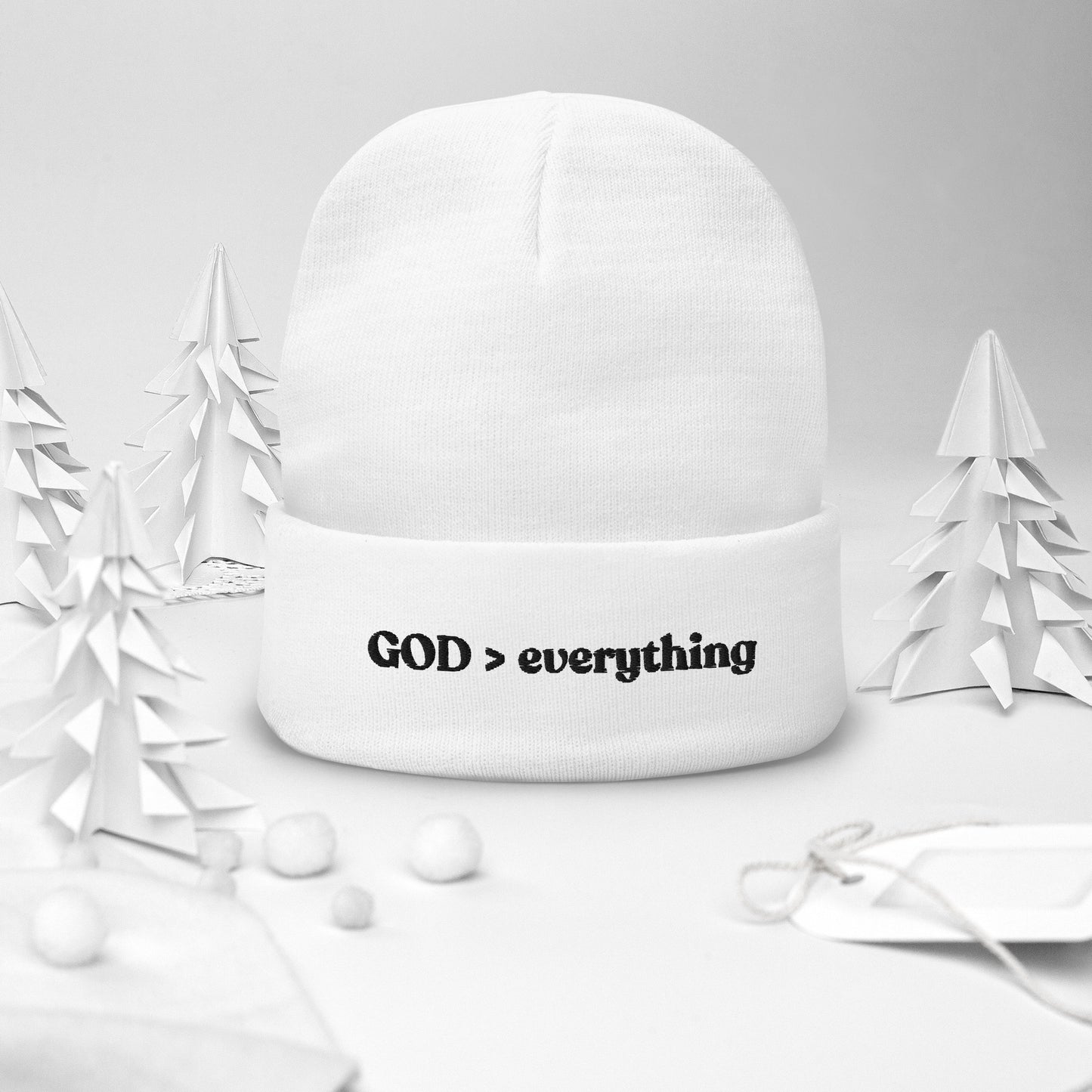 God Over Everything | White Embroidered Beanie