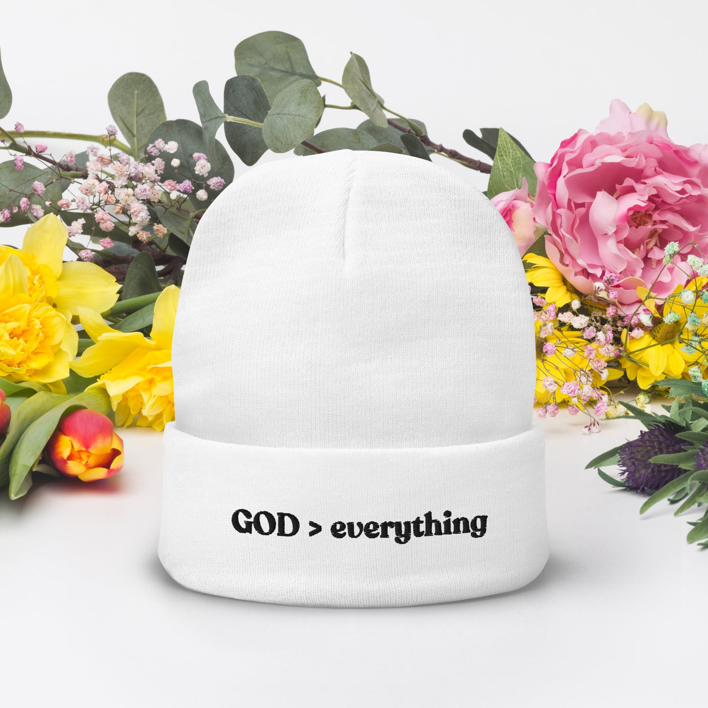 God Over Everything | White Embroidered Beanie