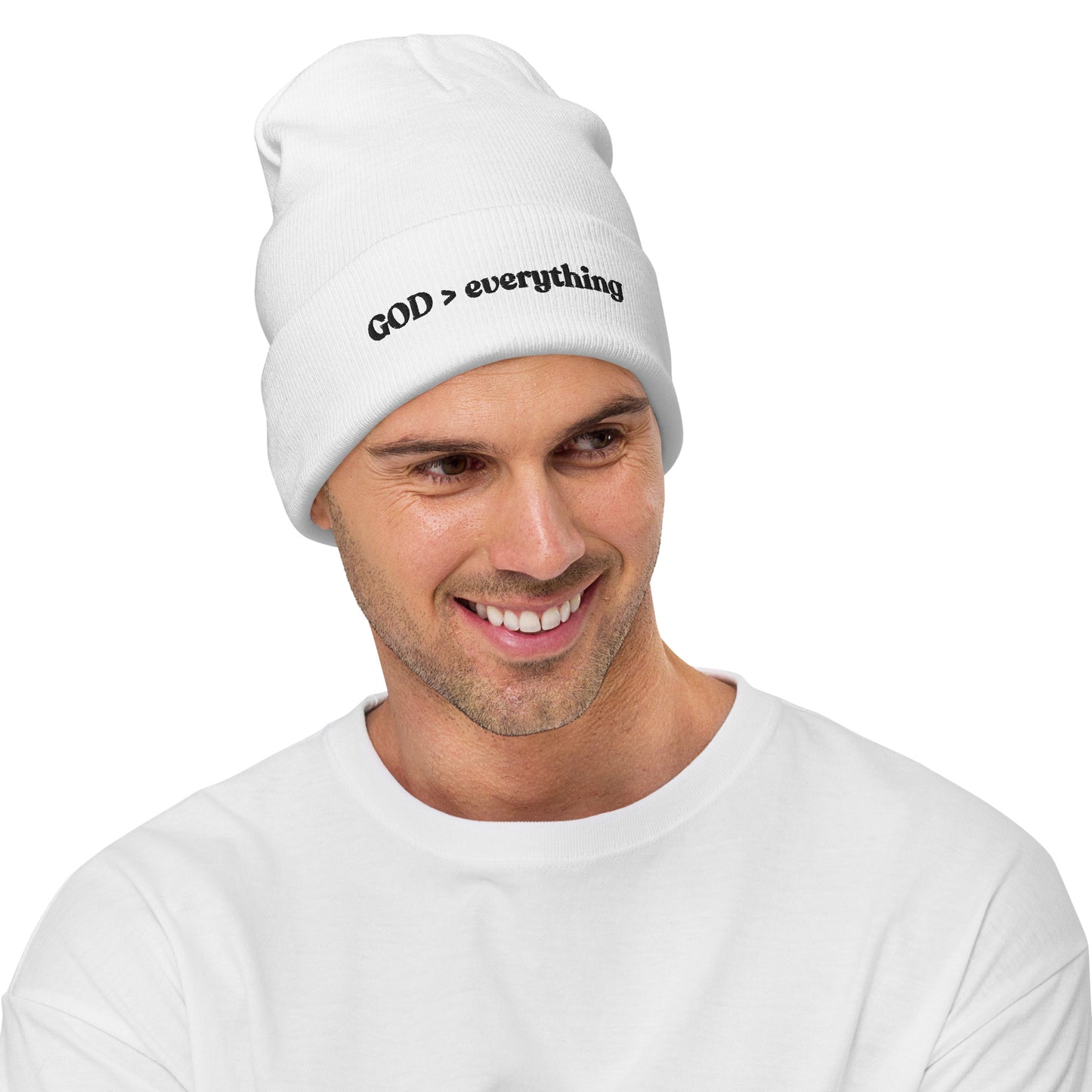 God Over Everything | White Embroidered Beanie