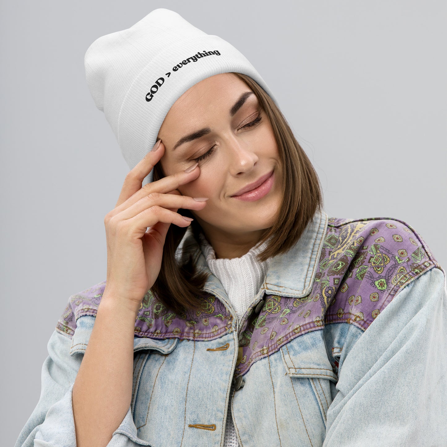 God Over Everything | White Embroidered Beanie