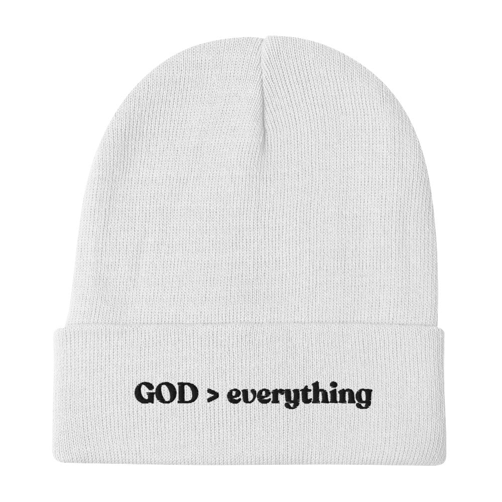 God Over Everything | White Embroidered Beanie