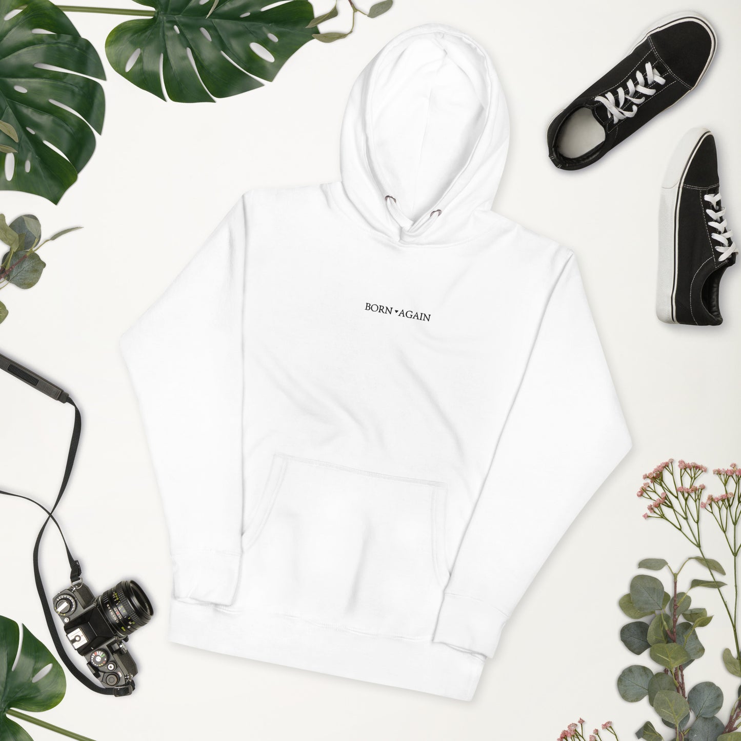 Born Again | White | Embroidered Unisex Hoodie