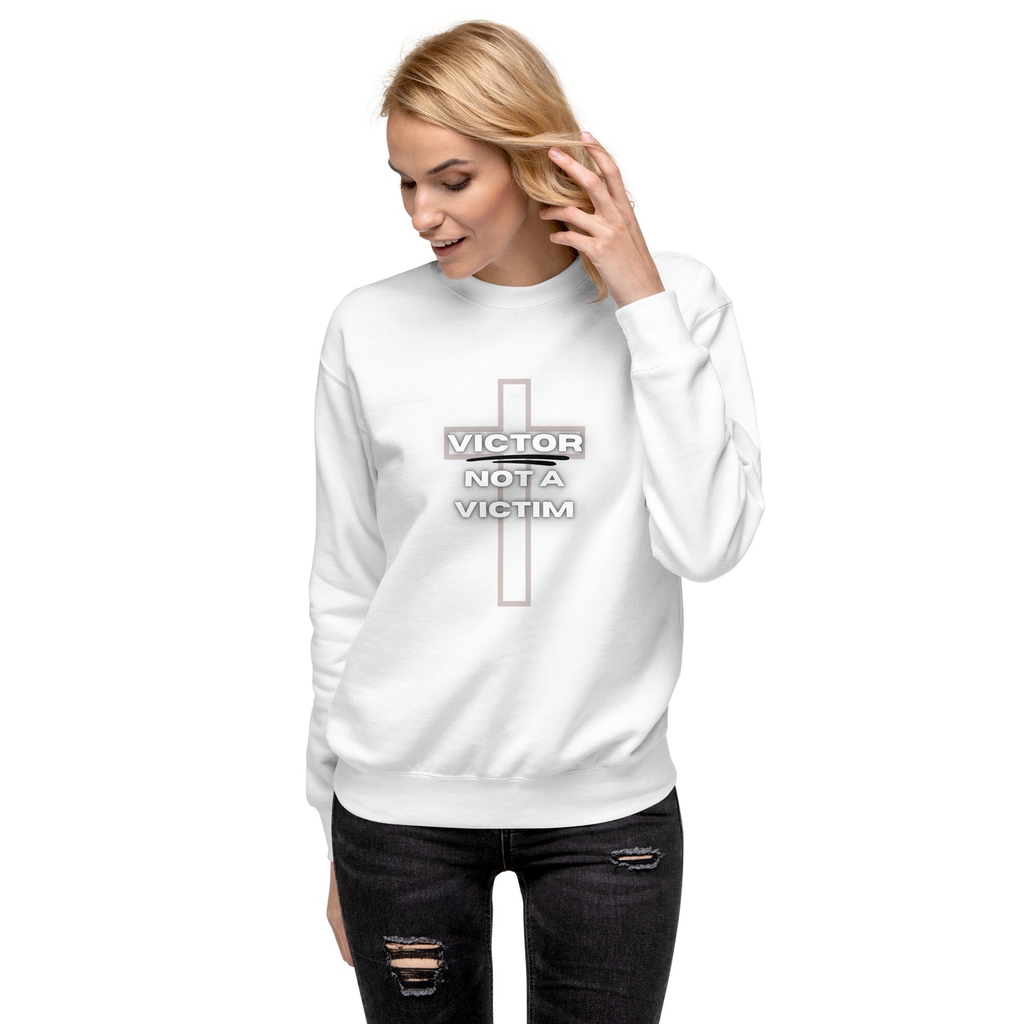 Victor Not A Victim | White | Unisex Premium Sweatshirt