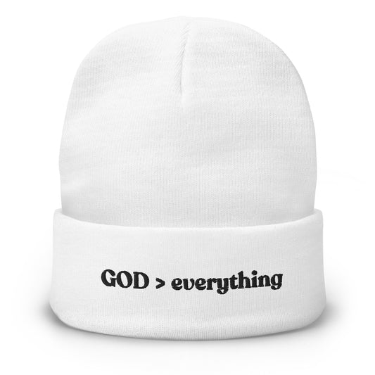 God Over Everything | White Embroidered Beanie